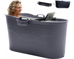 HelloBath® - Bath Bucket XL (Comfort) - Donker Grijs - 122 cm - Zitbad voor volwassenen - IJsbad - met rekbare Afvoerslang tot 3 meter - EXTRA's: Badplank, Kraantje en Beschermhoes