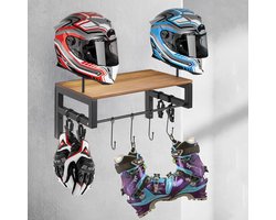 Helmen Opbergrek - Motorhelm standaard - Wandrek voor Helmen 4-in-1 - Massief Dennehout - 36kg Draagkracht - 4 Haken & 4 Klemmen - Voor Garage & Kantoor