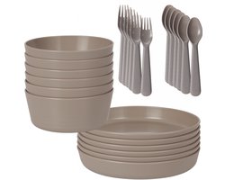 HEM 24-delig Serviesset 6 Persoons – Grijs Kunststof – Picknickset – BPA-vrij & Vaatwasserbestendig – 6x Bord, 6x Kom, 6x Vork, 6x Lepel – Lichtgewicht Plastic Servies – Met HEM Opbergzak
