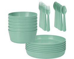 HEM 24-delig Serviesset 6 Persoons – Groen Kunststof – Picknickset – BPA-vrij & Vaatwasserbestendig – 6x Bord, 6x Kom, 6x Vork, 6x Lepel – Lichtgewicht Plastic Servies – Met HEM Opbergzak