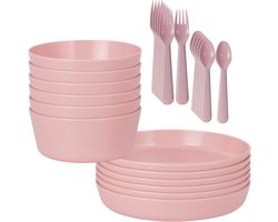 HEM 24-delig Serviesset 6 Persoons – Roze Kunststof – Picknickset – BPA-vrij & Vaatwasserbestendig – 6x Bord, 6x Kom, 6x Vork, 6x Lepel – Lichtgewicht Plastic Servies – Met HEM Opbergzak