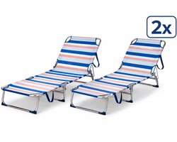 HEM 2x Strandligbed Opvouwbaar – Aluminium Ligstoel – Verstelbare Rugleuning 3 Standen – Lichtgewicht Outdoor Strandbed – Streeppatroon Blauw/Wit/Roze – Inclusief 2x HEM Microvezeldoekje