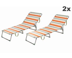 HEM 2x Strandligbed Opvouwbaar – Aluminium Ligstoel – Verstelbare Rugleuning 3 Standen – Lichtgewicht Outdoor Strandbed – Streeppatroon Oranje/Ecru/Grijs
