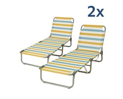 HEM 2x Strandligbed Opvouwbaar – Lichtgewicht Aluminium Ligstoel – Strandbed met Verstelbare Rugleuning 3 standen – Outdoor Ligbed met Streeppatroon – Geel/Blauw/Wit