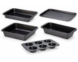HEM 5-delige Bakvormset Staal met Antiaanbaklaag – Cakevorm, Muffinbakplaat, Ovenschaal, Braadslede & Bakplaat – Grijs
