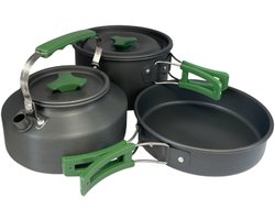 HEM Camping Pannenset 3-delig – Lichtgewicht Aluminium – Inclusief Waterkoker, Koekenpan & Kookpan met Deksel – Opvouwbare Handgrepen – Outdoor Kookset met Opbergzak – Ideaal voor Kamperen & Hiken