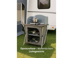 HEM Campingkeuken - opvouwbare campingkast - reiskeuken met hittebestendig werkblad en windscherm - buitenkeuken voor voortent, caravan of autocamping - met opbergvakken en draagtas - grijs