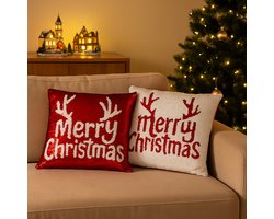 HEM Kerstkussens Set van 2 – Inclusief Vulling – 40x40 cm – Pailletten Rood/Wit – Omkeerbaar – Fluwelen Achterkant Rood – Kerstkussens Bank of Bed