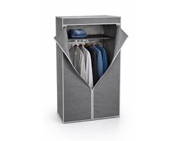 HEM Stoffen Camping Kledingkast 75x45x160 cm – Opvouwbare Garderobekast met Hanggedeelte en Stoffen Legplank – Textiel Kast Grijs met Rits – Metalen Frame – Opbergkast voor Slaapkamer en Studentenkamer – Inclusief HEM Microvezeldoekje
