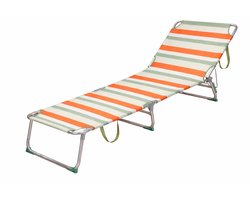 HEM Strandligbed Opvouwbaar – Aluminium Ligstoel – Verstelbare Rugleuning 3 Standen – Lichtgewicht Outdoor Strandbed – Streeppatroon Oranje/Ecru/Grijs