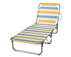 HEM Strandligbed Opvouwbaar – Lichtgewicht Aluminium Ligstoel – Strandbed met Verstelbare Rugleuning 3 standen – Outdoor Ligbed met Streeppatroon – Geel/Blauw/Wit