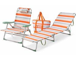 HEM Strandset 3-Delig – Opvouwbare Strandstoel + Strandligbed + 24L Koeltas – Aluminium & Lichtgewicht – Verstelbaar – Oranje Gestreept