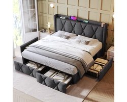 Hemelbed 140 x 200 cm - Met opberglaadstructuur - Grijze stofafwerking