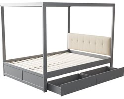 Hemelbed 140x200 cm met grote lades en zachte rugleuning, houten bed grijs,zonder Matras