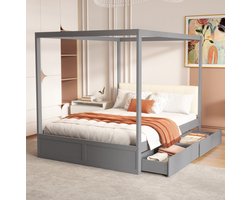 Hemelbed 140x200 cm met grote opberglades en zachte rugleuning - Hout, grijs