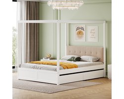 Hemelbed 140x200 cm - Sprookjesachtig tentdesign met zachte rugleuning en opbergruimte - Wit - Inclusief 2 grote schuifladen onder het bed