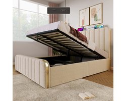 Hemelbed 160x200 cm Beige - Gestoffeerd Hoofdbord met Gouden Strepen - USB Type-C Oplaadfunctie - Hydraulische Opbergruimte - Stabiel Metaalframe 200 kg Draagvermogen - Rustige Slaapervaring met Geluidsdemping - Zonder Matras