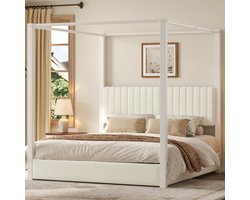 Hemelbed 180x200 cm - Gestoffeerd Velvet Bed Met Hoofdbord En Metalen Frame - Beige Wit