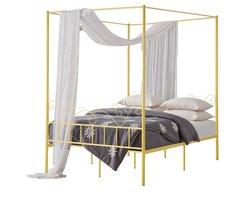 Hemelbed 2-Persoons - Metalen Bedframe - Queen Size - Minimalistisch Hoofdbord - Stevige Stalen Lattenbodem - Opbergruimte Onder Bed - Geen Boxspring Nodig - Ronde Buizen - Goud