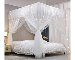 Hemelbed met Ruches Vierkant Klamboe met 4 Openingen Dubbel Laags Muskietennet voor Meisjeskamer Romantisch Zacht en Ademend(wit,1,8Wx2Lx2,1H(M))