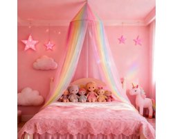 Hemelbed voor kinderkamer - Prinsessenregenbooghemelbed voor meisjes - Ademend en wasbaar - Geschikt voor meisjeskamers - Ideaal voor op reis en thuisgebruik, binnen en buiten - Geschikt voor bedden van 60*250*1200 cm en langer dan 2 meter