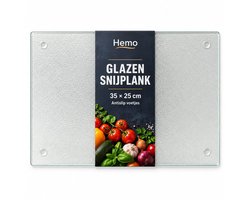 HEMO Glazen Snijplank 35 x 25 cm – Snijplank van Glas – Met Antislip Voetjes – Hygiënisch & Eenvoudig te Reinigen – Keukenplank voor Groenten, Vlees en Fruit – Transparant
