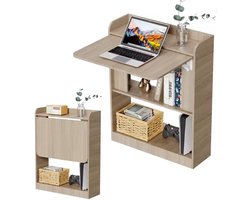 HEMO Inklapbaar Wandbureau met Opbergruimte – Opklapbaar Bureau & Kast – Ruimtebesparend Computerbureau – Licht Hout