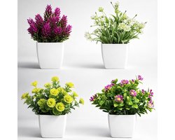 Hemo Kunstbloemen Set van 4 in Witte Pot – Decoratieve Nepplanten voor Woonkamer, Slaapkamer, Bureau & Badkamer