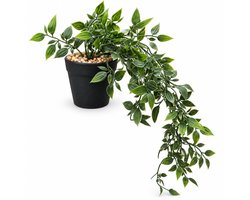 HEMO Kunsthangplant 80 cm – Kunstplant Hangend in Zwarte Pot – Groene Nepplant – Decoratieve Hangplant voor Woonkamer, Badkamer, Slaapkamer en Kantoor – Onderhoudsvrij