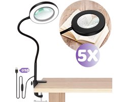 Hendriqs® Loeplamp met LED Verlichting en Tafelklem - 5x Vergroting, 30 Lichtstanden, 360° Verstelbaar – Vergrootglas - Leesloep voor Volwassenen & Ouderen - Tafelloep - Tafel loeplamp - Loupelamp