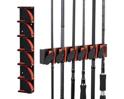 Hengelhouder - Wandgemonteerde hengelhouder - 1stuk - 29,5 × 5 × 2,5 cm - 6 vakken - Verticaal - Horizontaal - Hengelhouder van roestvrij staal van maritieme kwaliteit - Oranje