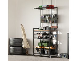 Hengelopbergstandaard Met Hangpaneel En Wielen 166,6 X 73,7 X 40,0 Cm Metaal Zwart Open Opbergkast Voor Hengels En Accessoires