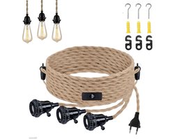 Hennep Touw Hanglamp Set 3 Lichtpunten E27 Snoer met Stekker en Schakelaar 8.5m Vintage Stijl