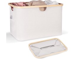 Hennez Wasmand Opbergmand 60L Plat zonder Deksel - Opvouwbare Wasmand - Oxford Stoffen Waszak Vierkant en Bamboe Wasmand met Frame