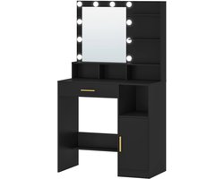 Hennova Make up tafel - Make up tafel met spiegel - Kaptafel - Organizer - met LED verlichting - 4 Open Vakken - Met grote lade - Zwart - 40x80x140cm