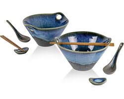 Henten Home Keramische Ramenkommen - Set van 2 (8 stuks) - Soepkommen met Eetstokjes, Lepel en Eetstoksteun - 600 ml Japanse Ramenkom voor Granen Pasta - Assortiment Soep Udon - Vaatwasserbestendig