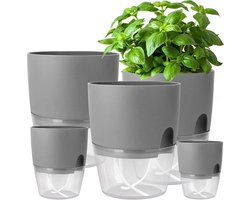 Herb Pot Keuken Set - Raamplank - Zelf Waterend - Set van 5 - Kruiden Tuin voor Keuken - 15.3/10.5/8.2 cm - Verse Keuken Kruiden - Grijs