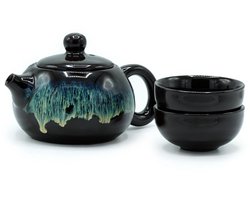 Herbal Black Glaze Theepotset - Pot & Twee Kopjes - cadeau geschenkset vrouwen geschenkset mannen