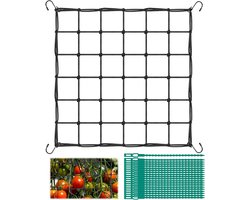 Herbruikbaar groeinet - elastisch kweektennet - Trellis net voor tuin met 4 haken - steunnet - tuinnet met 20 plantenbinders - verstelbaar - scrognet - plantennet 90 x 90 cm - tuinaccessoires - plantengroei
