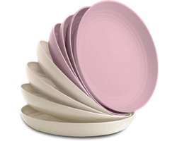 Herbruikbare borden van tarwestro (set van 8) — Niet-giftig, magnetronbestendig, vaatwasserbestendig, onbreekbaar servies (9 inch)- Roze * 4 + Beige * 4