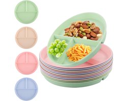 Herbruikbare Gedeelde Platte Borden 22 cm - Set van 12 - Plastic Eetborden met Vakken - Drie Onderverdelingen - Multifunctioneel - 22 cm - Vier Kleuren