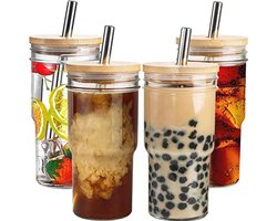 Herbruikbare glazen boba-beker set met bamboedeksels en rietjes - 22 oz ijskoffie en smoothie drinkglazen