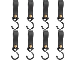 Herbruikbare Haken met Leren Lus - Multifunctioneel - Zwarte PU Lederen S Haken - Draagbare Leren Lus - Nylon Haken met Metalen Gesp - Voor Kledingkast - Jas - Keuken - Badkamer - Kamperen - 8 Stuks