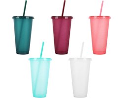 Herbruikbare plastic bekers - 5 stuks drinkgerei - Gekleurde acryl bekers met deksel en rietjes - IJskoffie bekers - Reisbeker 710 ml