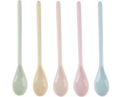 Herbruikbare Plastic Lepels - 5 Stuks Lange Handgreep Theelepels voor het Maken van Latte, Koffie, Espresso, IJstaart, Kleurige Lepels voor Sundae, Dessert, Jam, Honinglepels, Bestek, Imitatie Porselein Tafelservies