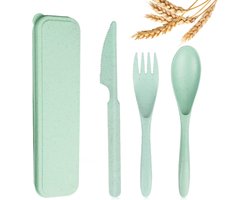 Herbruikbare reisbestekset met koffer, tarwestro, draagbaar mes, vork, lepels, bestek, milieuvriendelijk BPA-vrij plastic servies voor kinderen, volwassenen, reizen, picknick, kamperen, bestek （1 pcs） - groente