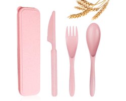Herbruikbare reisbestekset met koffer, tarwestro, draagbaar mes, vork, lepels, bestek, milieuvriendelijk BPA-vrij plastic servies voor kinderen, volwassenen, reizen, picknick, kamperen, bestek （1 pcs） - roze