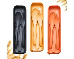 Herbruikbare reisbestekset met koffer, tarwestro, draagbaar mes, vork, lepels, bestek, milieuvriendelijk BPA-vrij plastic servies voor kinderen, volwassenen, reizen, picknick, kamperen, bestek （1 pcs） - Zwart Geel Oranje
