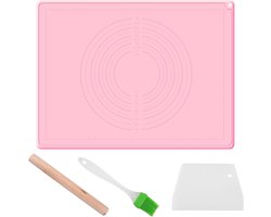 Herbruikbare Siliconen Bakmat 70x50cm, Antislip Werkmat met Maatvoering voor Deeg, Brood en Taart, Inclusief Deegschraper, Kwast en Rolling Pin (Roze)