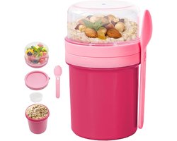 Herbruikbare yoghurtparfaitbeker met deksel en lepel; bakje voor overnight oatmeal met sausdispenser; lekvrije puddingbeker voor yoghurt, fruit, groenten, muesli en lunch voor op kantoor (roze).